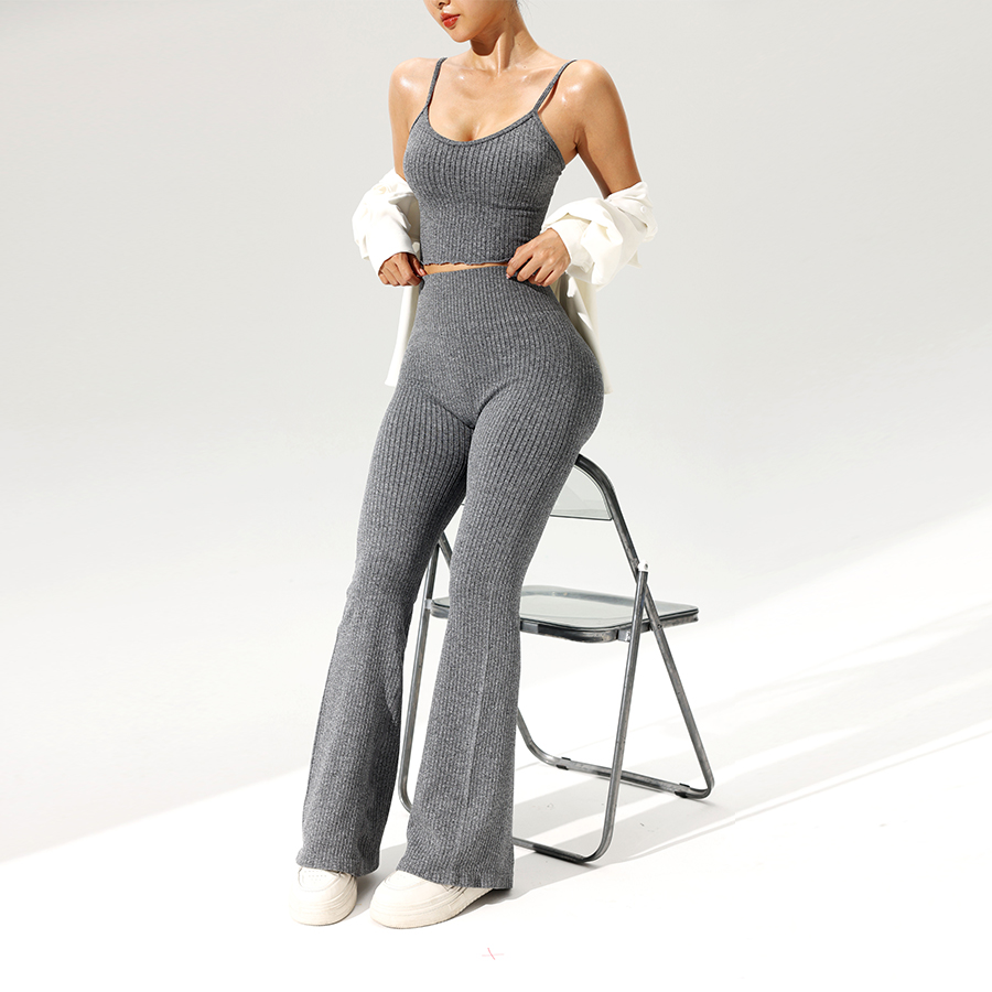 2pcs/set Seamless Flared Pants - Tank Top Ribbed ulasan dan harga