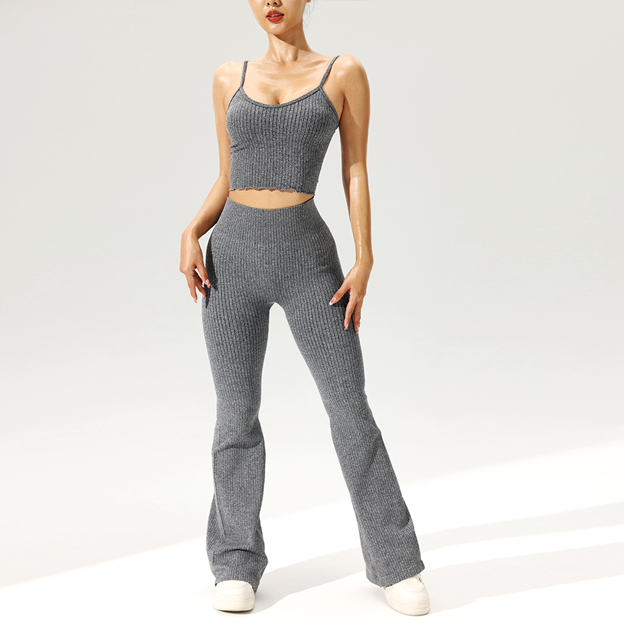 2pcs/set Seamless Flared Pants - Tank Top Ribbed ulasan dan harga